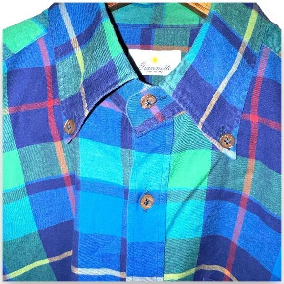 Giannetto Portofino Blue & Green Plaid Flannel Button Down - Picture 3 of 10